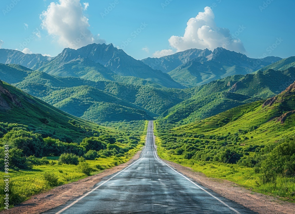 Obraz premium Asphalt Road Leading Through Green Mountains