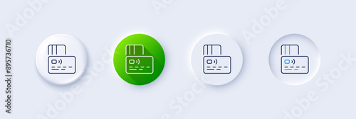 Credit card line icon. Neumorphic, Green gradient, 3d pin buttons. Bank money payment sign. Non-cash pay symbol. Line icons. Neumorphic buttons with outline signs. Vector