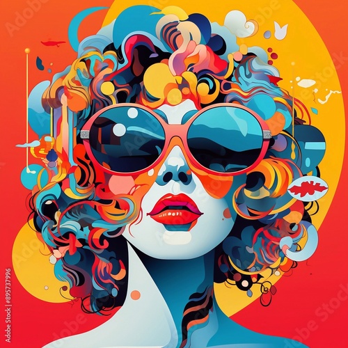 artistic illustration of a woman with vibrant, colorful hair and makeup. The style is reminiscent of pop art, with bold colors and a playful, abstract approach to the subject's features.