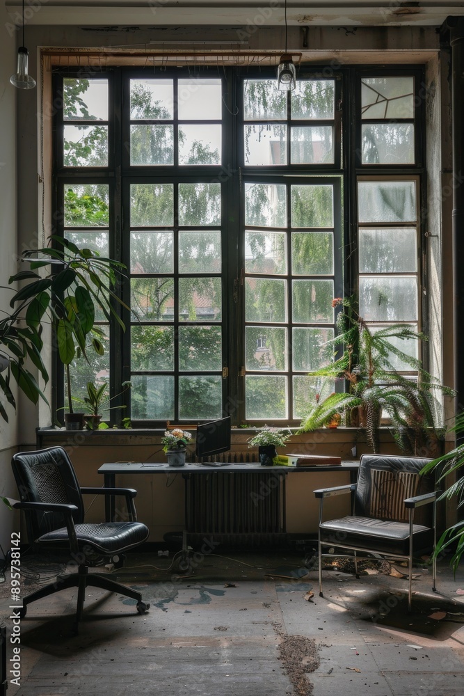 Interior of an old abandoned office building with a large window and plants