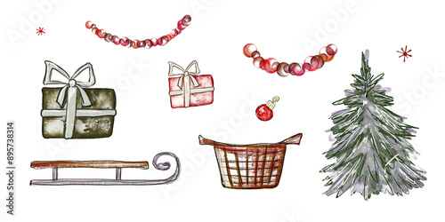 Watercolor Christmas set of vintage decor. Christmas tree, sled, decorations, basket, gifts and garlands. Hand drawn illustration in sketch style. Christmas clip art elements