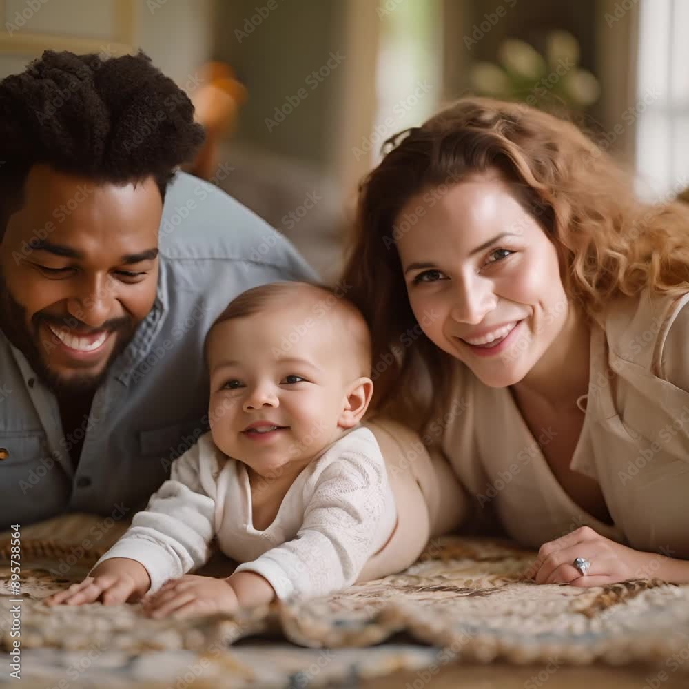 Happy family of three lying on cozy blanket, smiling at the camera with love and warmth. Baby in the center, parents on either side Happy family of three lying on cozy blanket, smiling at the camera with love and warmth. Baby in the center, parents on either side