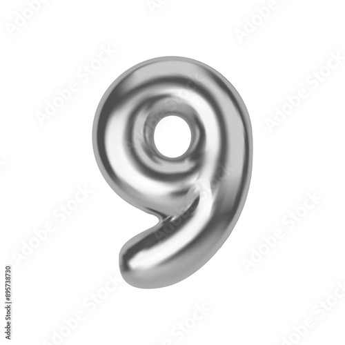 Silver number 9. Foil and latex balloon number nine in 3d style. Realistic design elements isolated on white background. Vector illustration