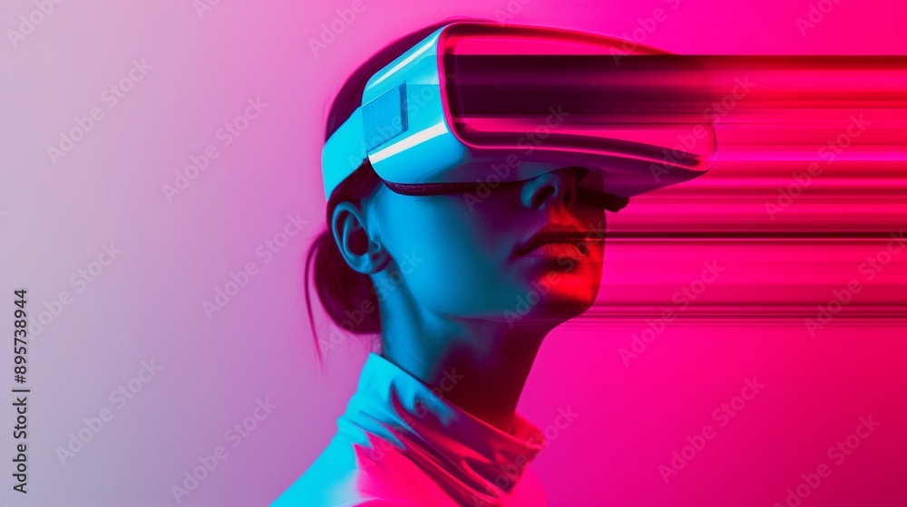 Person wearing a VR device, entering the virtual reality Person wearing a VR device, entering the virtual reality