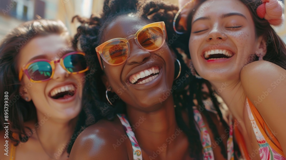 Group of happy women wearing sunglasses, smiling and enjoying time together