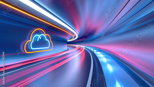 Futuristic 3D illustration of a neon-lit cloud icon with vibrant light trails in a tunnel. Fast data transfer and cloud computing. Dynamic, bright colors emphasize modern technology.