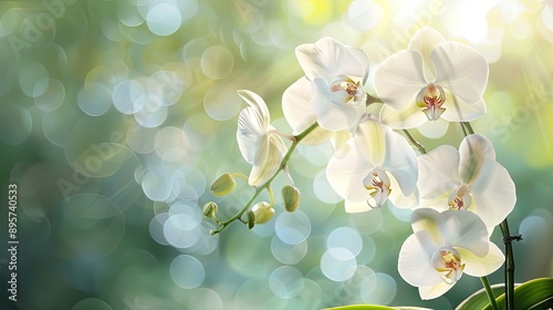 Cluster of white Phalaenopsis orchids with delicate petals and a natural background