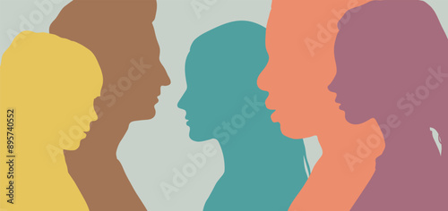 Family environment, mental development of child and teenager, racial equality, international family. People profile silhouette