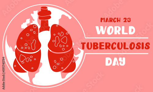 World Tuberculosis Day. March 24 - information banner of the fight against tuberculosis with a silhouette map of the world, a view of the affected red flat lungs. Banner horizontal pink World TB day