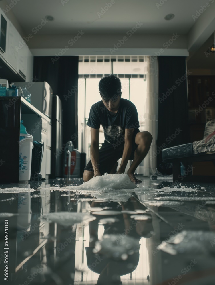 A man shoveling foam to clean up a flooded kitchen. A man shoveling foam to clean up a flooded kitchen.