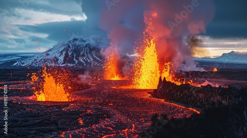 Explosive volcanic eruption in Iceland, featuring dramatic lava fountains and ash plumes