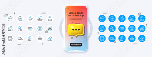 Phone mockup with 3d chat icon. Eu close borders, Pin and Bus line icons. Pack of Garage, Eco power, Bike icon. Truck parking, Delivery, Hold box pictogram. Vector