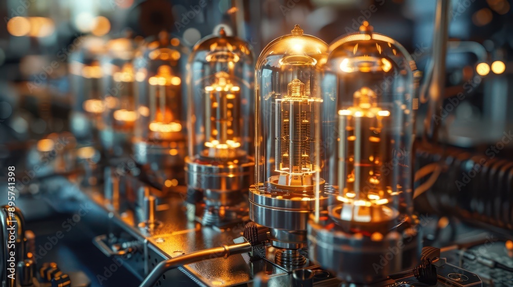 Fototapeta premium Gold-plated vacuum tubes in quantum computer, retro-futuristic finance,