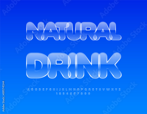 Vector eco logo Natural Drink. Transparent Glass Font. Trendy Glossy Alphabet Letters and Numbers set.