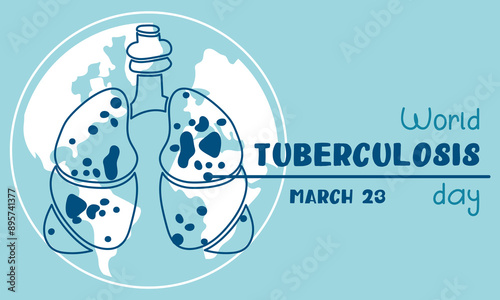 World Tuberculosis Day. March 24 information banner of the fight against tuberculosis with a silhouette map of the world, a view of the affected blue contour lungs. horizontal blue World TB day