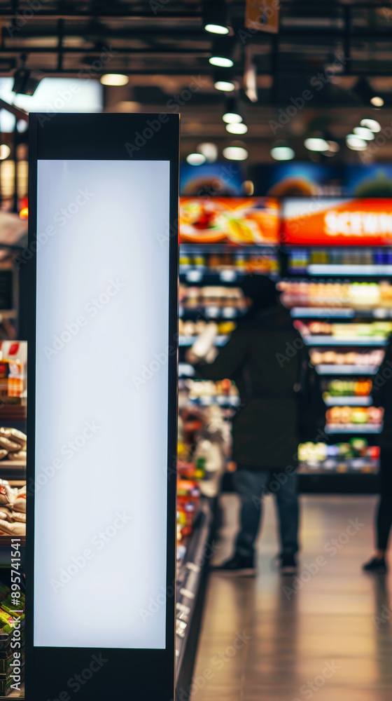 Blank advertising board in shopping mall. Mockup for design. Blurred backdrop with shelves and people. Generative AI Blank advertising board in shopping mall. Mockup for design. Blurred backdrop with shelves and people. Generative AI
