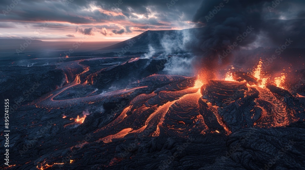 Fototapeta premium Iceland volcano eruption with vivid lava flows and dark ash clouds against a twilight sky