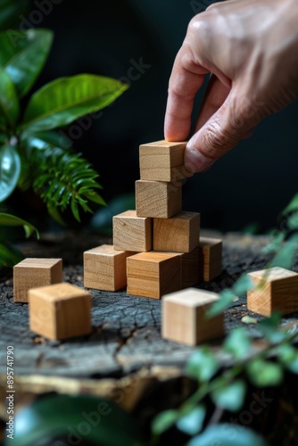 Hands arranging wooden building blocks into a stack, illustrating creativity and craftsmanship in an outdoor setting with natural greenery.