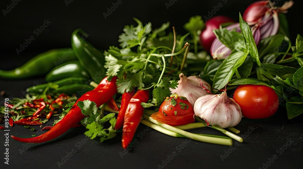 Phuket's spicy salad, featuring fresh herbs and spices, presented on a black background Phuket's spicy salad, featuring fresh herbs and spices, presented on a black background