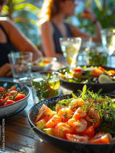 Fresh Salad and Drinks on a Sunlit Table, Natural, Textured Still Life