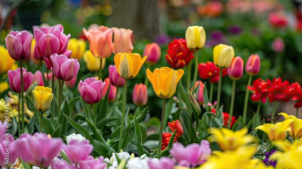 Spring garden view with a rainbow of colorful flowers in full bloom Spring garden view with a rainbow of colorful flowers in full bloom