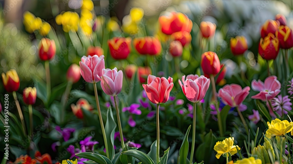 Spring garden filled with a variety of blooming flowers and ornamental plants Spring garden filled with a variety of blooming flowers and ornamental plants