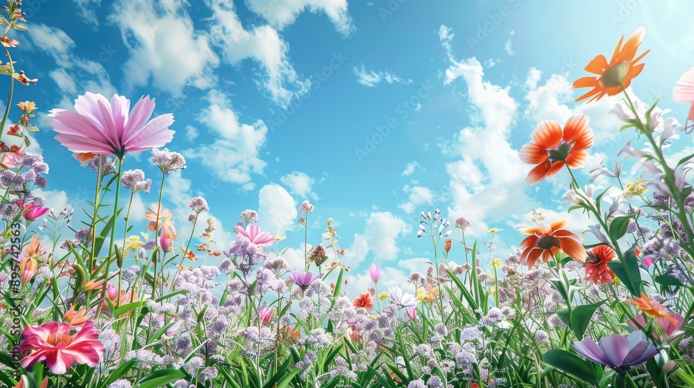 Spring garden with a variety of blooming flowers and a clear blue sky Spring garden with a variety of blooming flowers and a clear blue sky