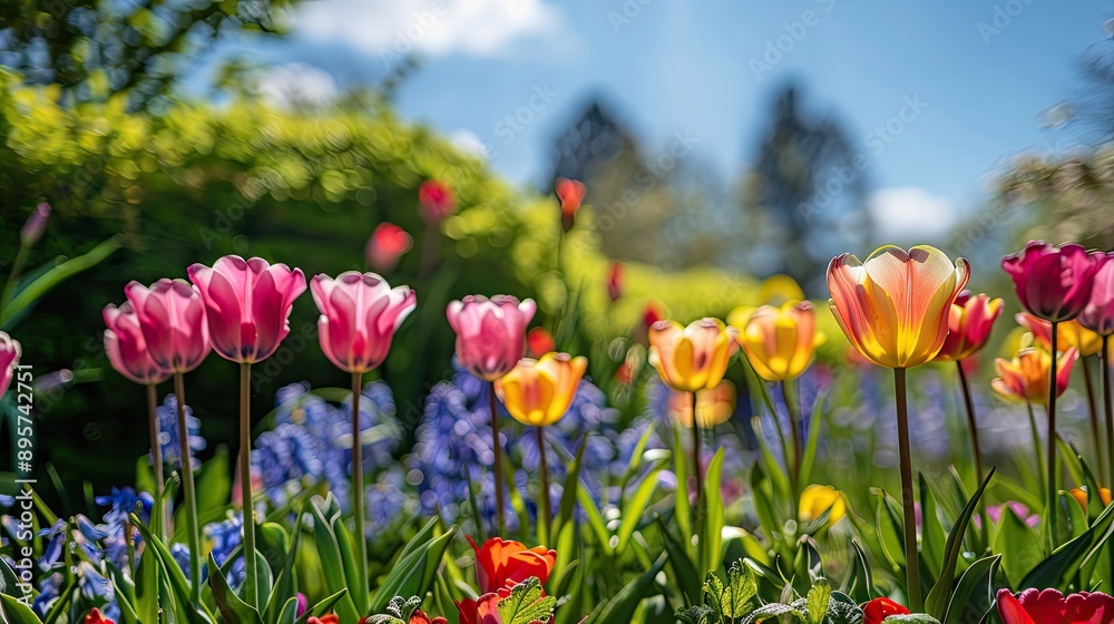 Springtime garden view with vibrant flowers and a clear blue sky Springtime garden view with vibrant flowers and a clear blue sky