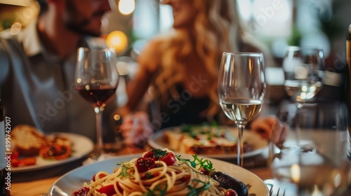Romantic Dinner Date with Wine and Pasta on restaurant background