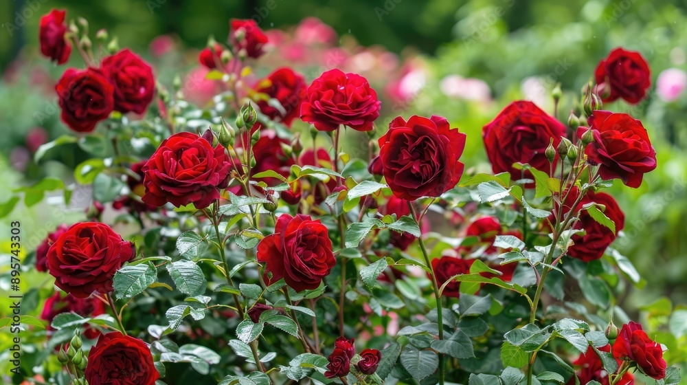 Vibrant red roses clustered together in a blooming garden Vibrant red roses clustered together in a blooming garden