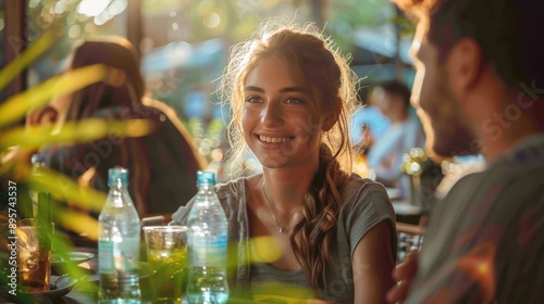 Smiling Young Woman Enjoying a Meal with Friends