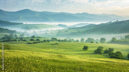 Wide rural landscape with rolling green fields and misty mountain backdrop on a serene summer morning