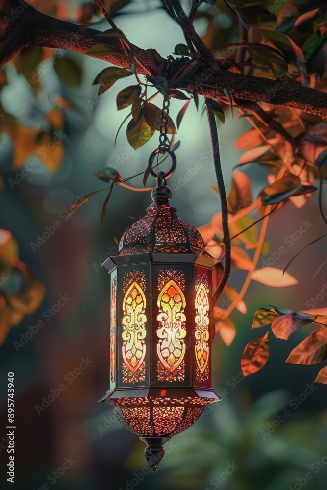 An ornate hanging lantern with intricate tilework in a serene garden setting at nighttime. An ornate hanging lantern with intricate tilework in a serene garden setting at nighttime.