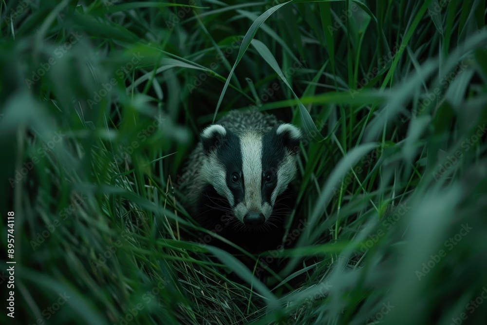 Obraz premium A close-up of a European badger emerging from its burrow at dusk, surrounded by tall grass. 