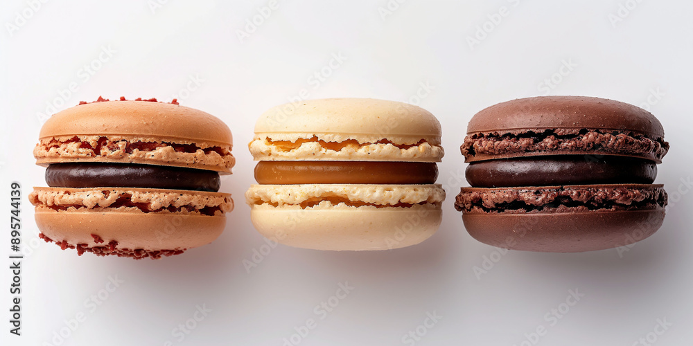 Three colorful french macarons with different fillings, arranged in a row, isolated on white background, copy space, dessert concept Three colorful french macarons with different fillings, arranged in a row, isolated on white background, copy space, dessert concept