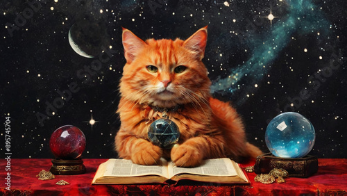 red cat fortune teller with a crystal ball for predictions,  AI generated