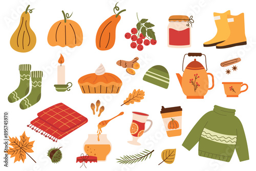 Set of autumn elements. Vector collection of cute illustrations for cozy autumn. Leaves, pumpkins
