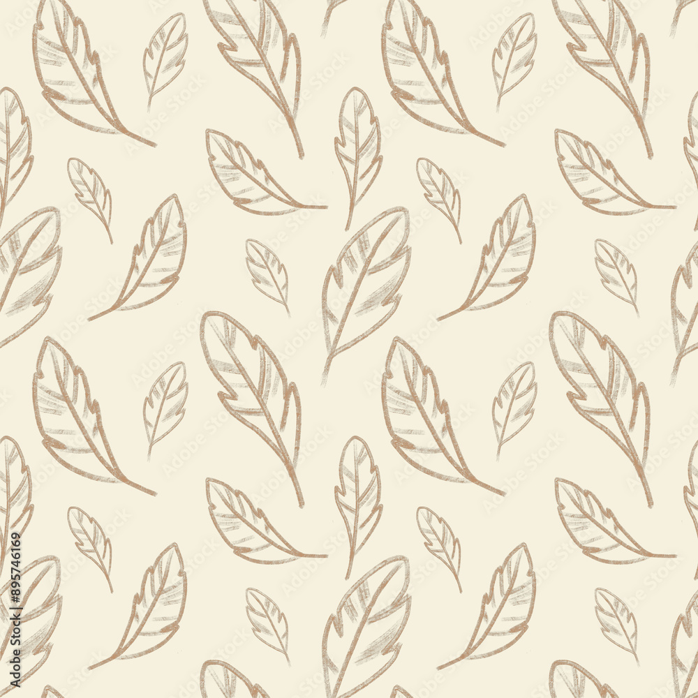 Fototapeta premium Seamless texture with birds, feathers and dots, various small elements, in blue cream and brown colors.