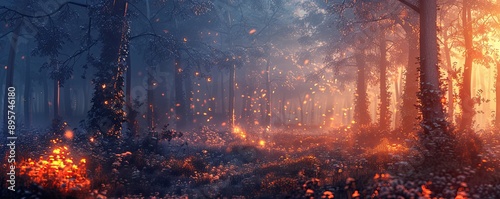 Magical forest with glowing lights and enchanting atmosphere, filled with mist and vibrant colors, capturing a breathtaking fantasy scenery.