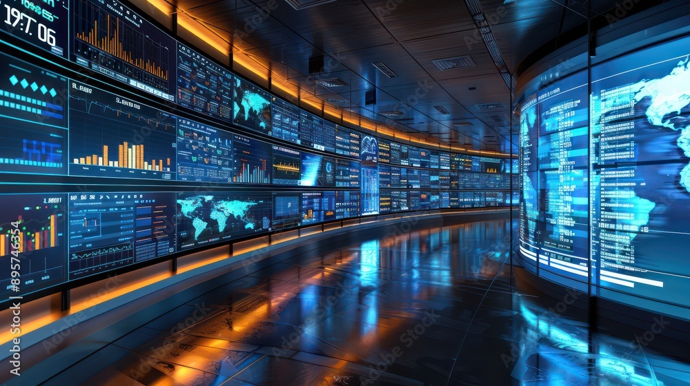 high-concept image of a room where walls are screens displaying real-time budget updates from around the world in a control center high-concept image of a room where walls are screens displaying real-time budget updates from around the world in a control center