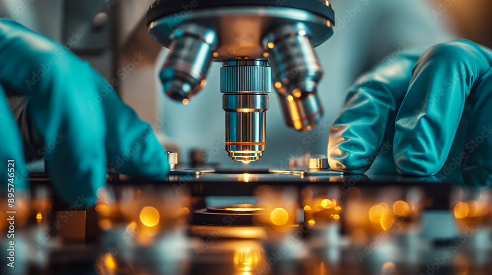 Microscope Lens Focusing on Sample. Generative AI Microscope Lens Focusing on Sample. Generative AI