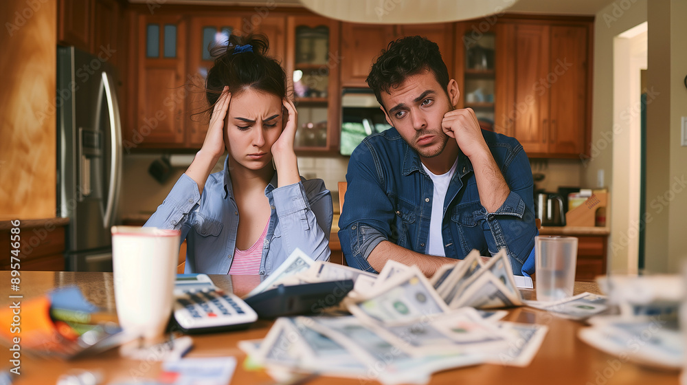 A young couple stressed over finances at the kitchen table with bills and a calculator, symbolizing economic hardship and financial strain. A young couple stressed over finances at the kitchen table with bills and a calculator, symbolizing economic hardship and financial strain.