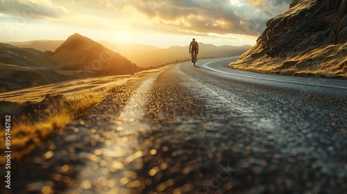 Cyclist on a highway, early morning light, endless road ahead, photo-realistic, low-angle shot, highlighting the roadmap of passion and motivation
