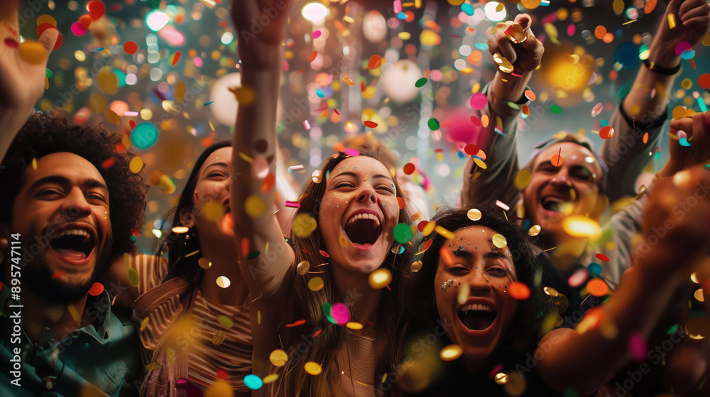 © ksu_ok - Joyful friends celebrating together at a party, surrounded by colorful confetti and laughter. A vibrant moment of happiness and fun.