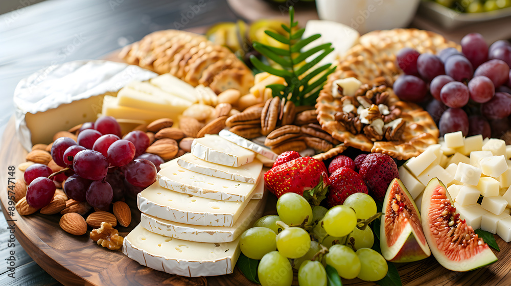 Gourmet Cheese Platter: An elegant cheese platter featuring a variety of cheeses, fruits, nuts, and crackers, arranged on a wooden board. The image should be appetizing and sophisticated.
Gourmet Cheese Platter: An elegant cheese platter featuring a variety of cheeses, fruits, nuts, and crackers, arranged on a wooden board. The image should be appetizing and sophisticated.