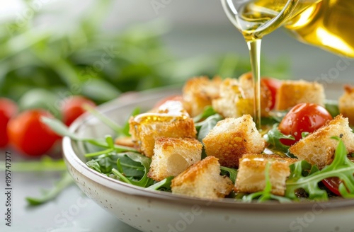 Olive Oil Drizzled on Salad With Croutons and Tomatoes photo