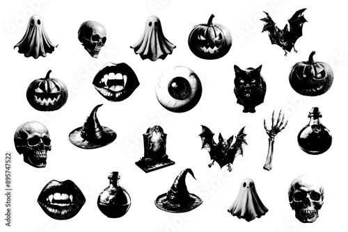Halftone elements for a Halloween collage. Big set of isolated elements on white background.