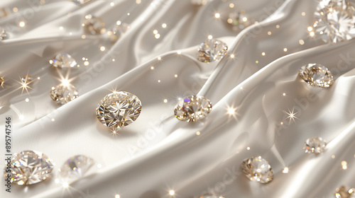 Elegant diamonds scattered on luxurious gold silk fabric, sparkling and creating a glamorous, opulent background perfect for luxury and fashion concepts
