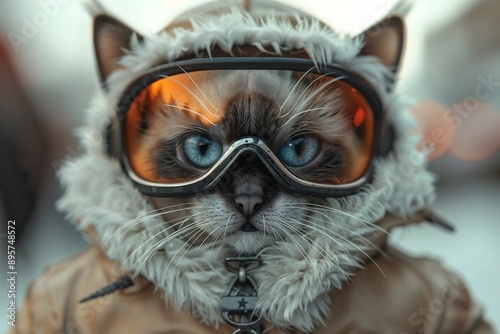  Close-up of Siamese cat with bright blue eyes, wearing large, orange-tinted goggles and fur-lined jacket. Fashion advertising, grooming salon promotions, pet store marketing and trendy pet banner