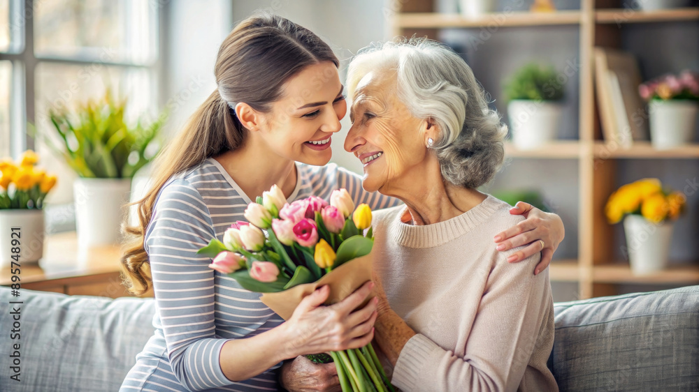 Happy woman congratulating her adult mother and giving her bouquet of flowers and enjoying affection on Mothers day. Birthday or women's day. Relation and motherhood. Happy woman congratulating her adult mother and giving her bouquet of flowers and enjoying affection on Mothers day. Birthday or women's day. Relation and motherhood.